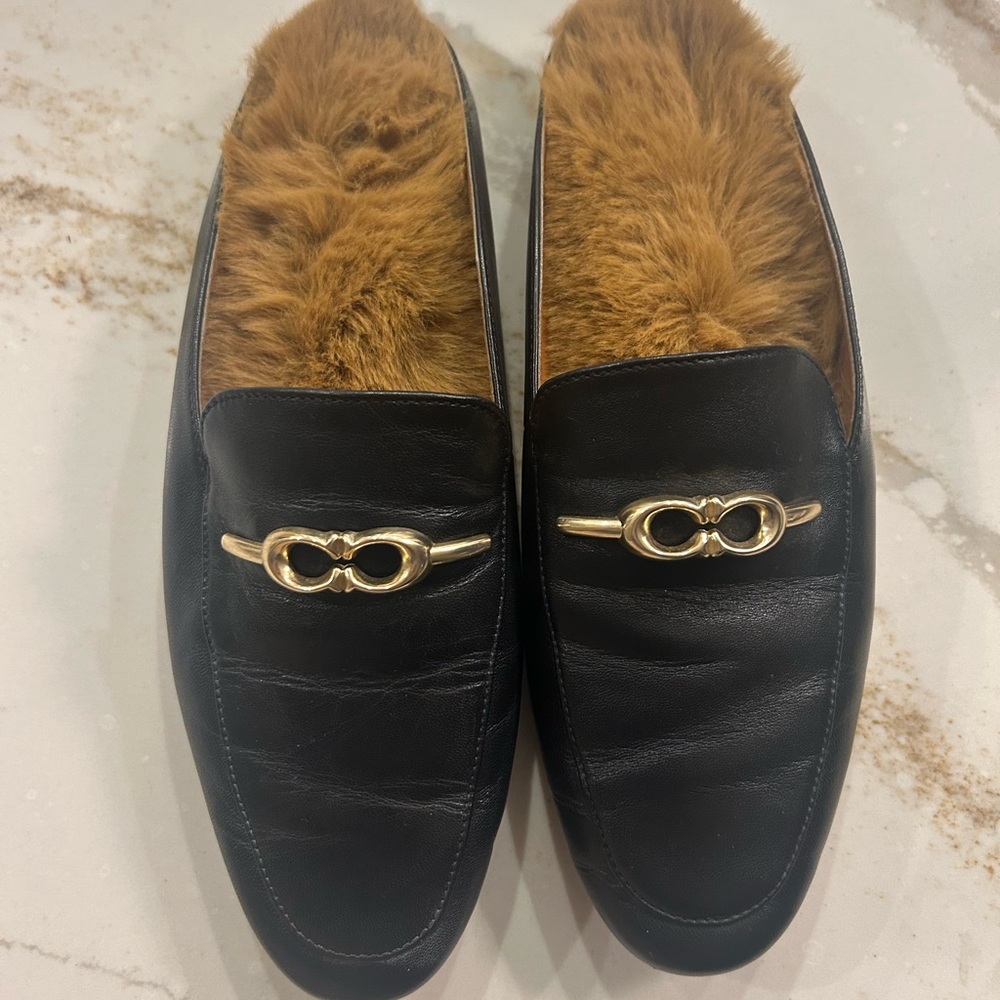 Coach Black Leather Loafers with Tan Fur Lining